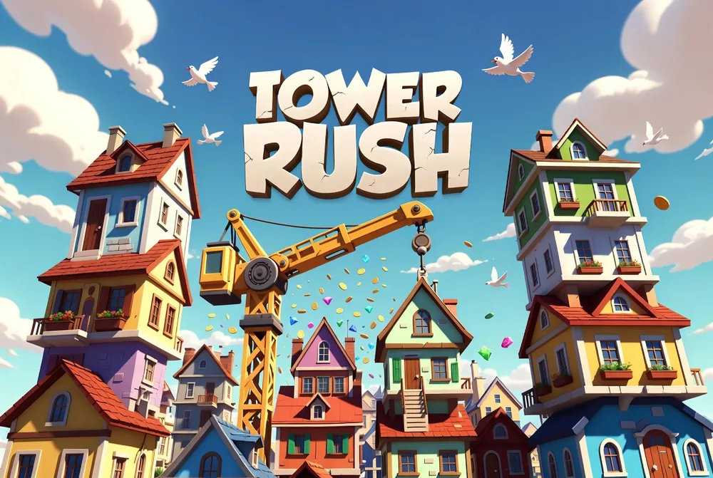 Tower Rush casino real-money coins stacking beside the tower